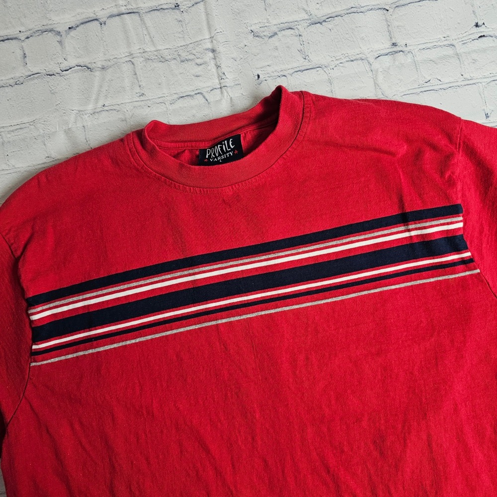 Profile Varsity Mens Red Striped Short Sleeve T-Shirt Size L 100% Cotton Vintage